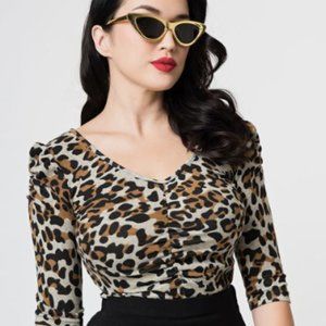 Voodoo Vixen Leopard Print Half Sleeve Von Teese Pinup Sweater Top - Size - S